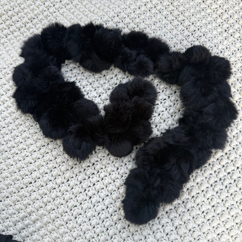 Black Rabbit Fur Pom Pom Scarf Soft Genuine Fur Winter Accessory 20 Inch